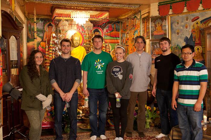 At the Khmer Buddhist Temple, Utica, from left Allie Goodman, Lewis Leone, Alex Potoczak, Jaclyn Kogler, Jacob Trahan, Professor Plate, and Sokhom Teng from the temple.